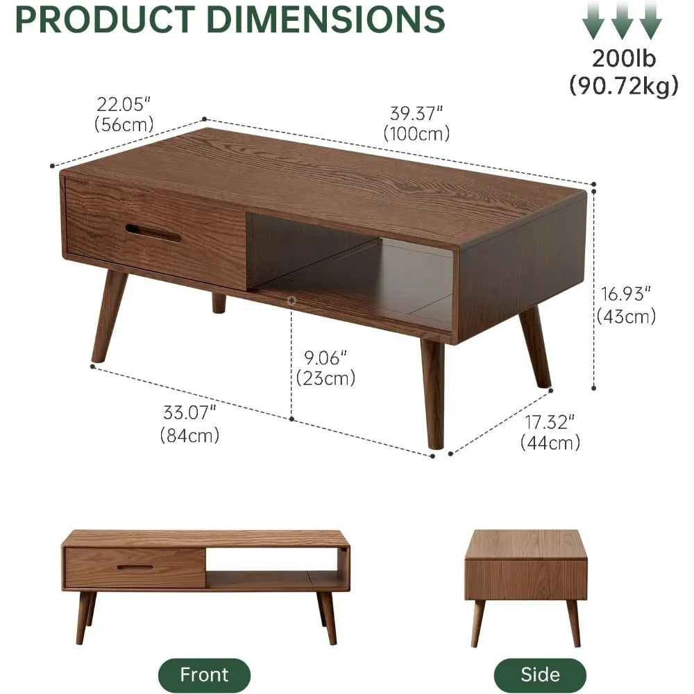 100% Solid Wood Coffee Table with Storage Space 39.37 Inch Wide Coffee Table with 2 Drawers