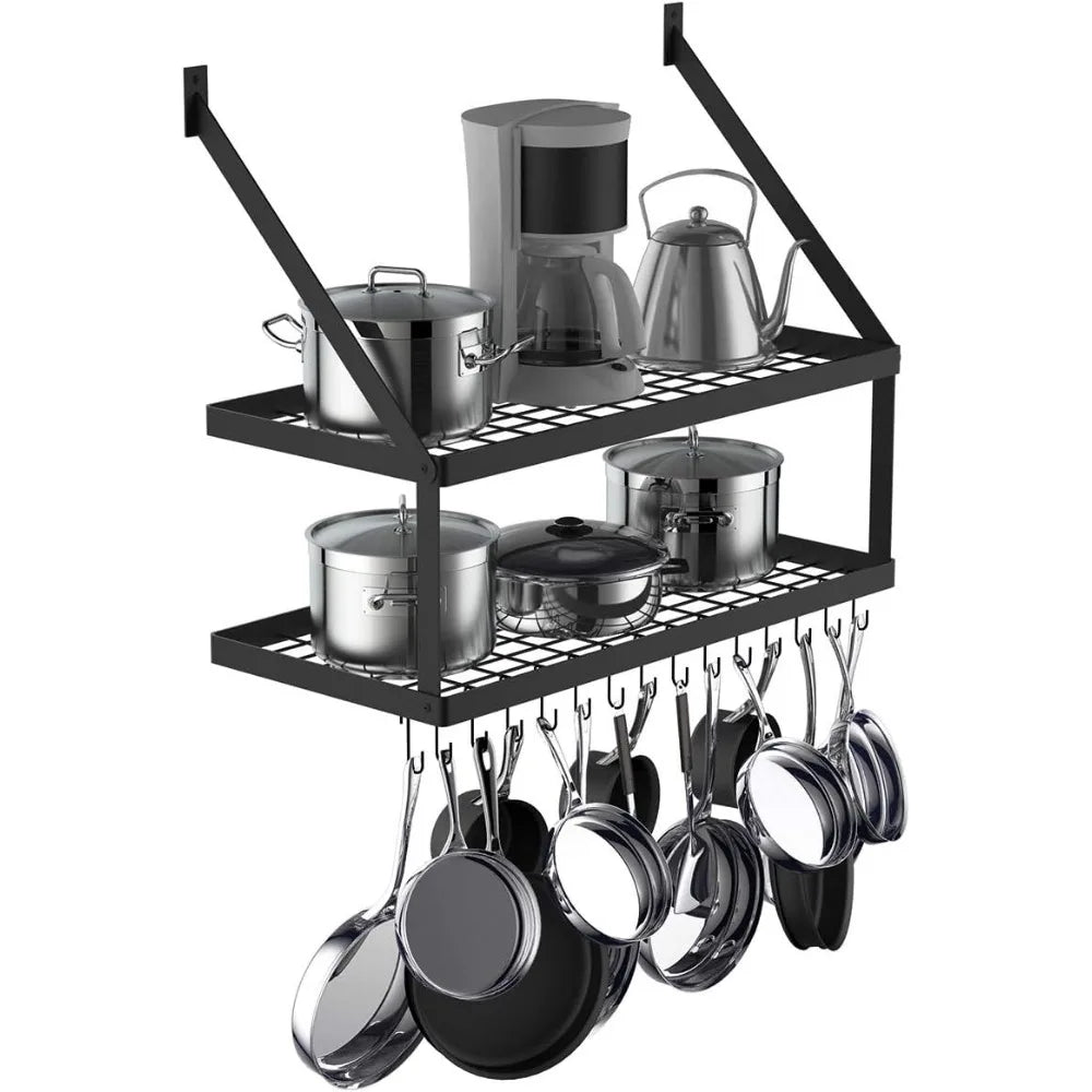 Square Grid Wall Mount Pot Rack with 2-Tier 15 Hooks