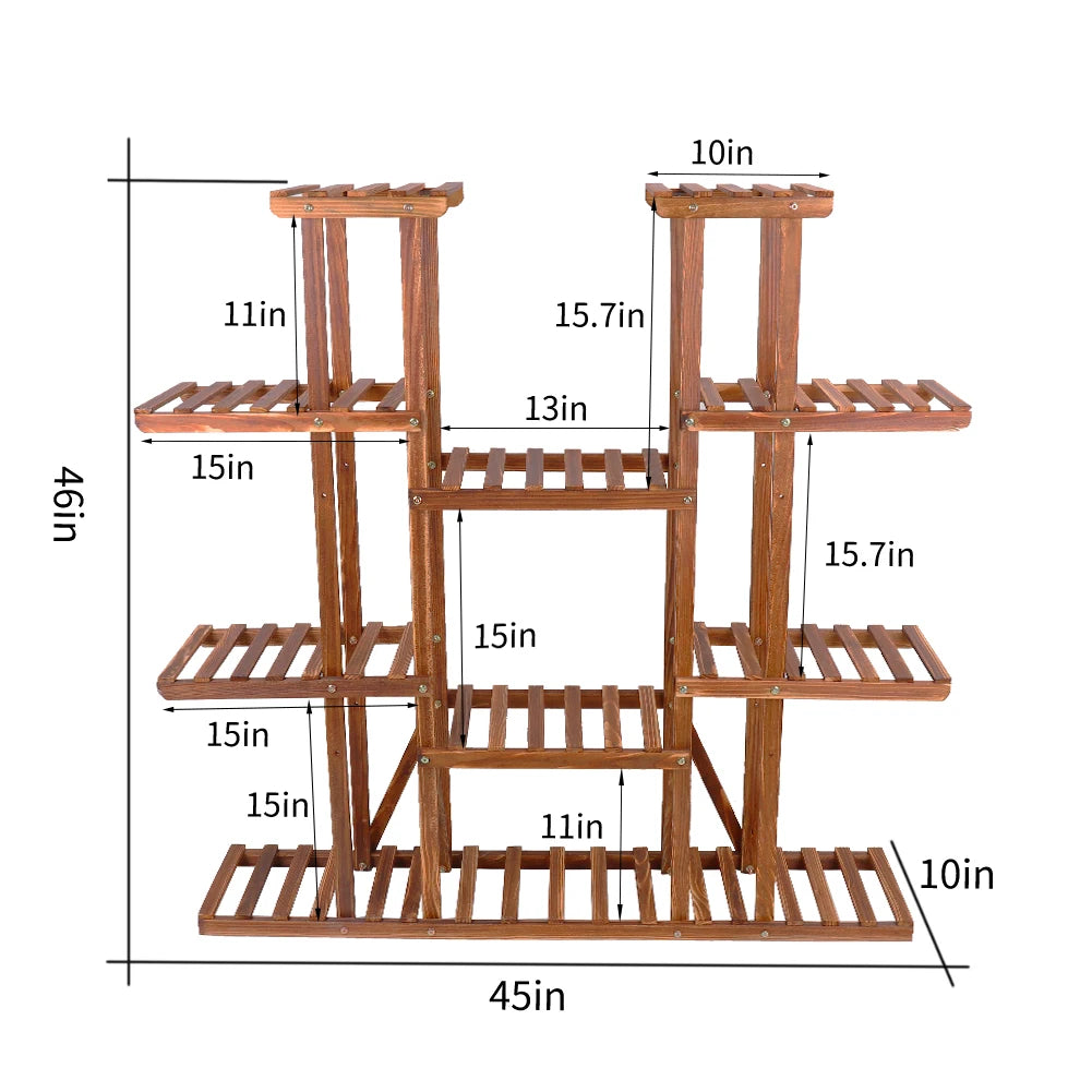 Large 11 Tiered Wood Plant Stand Carbonized For Outdoor