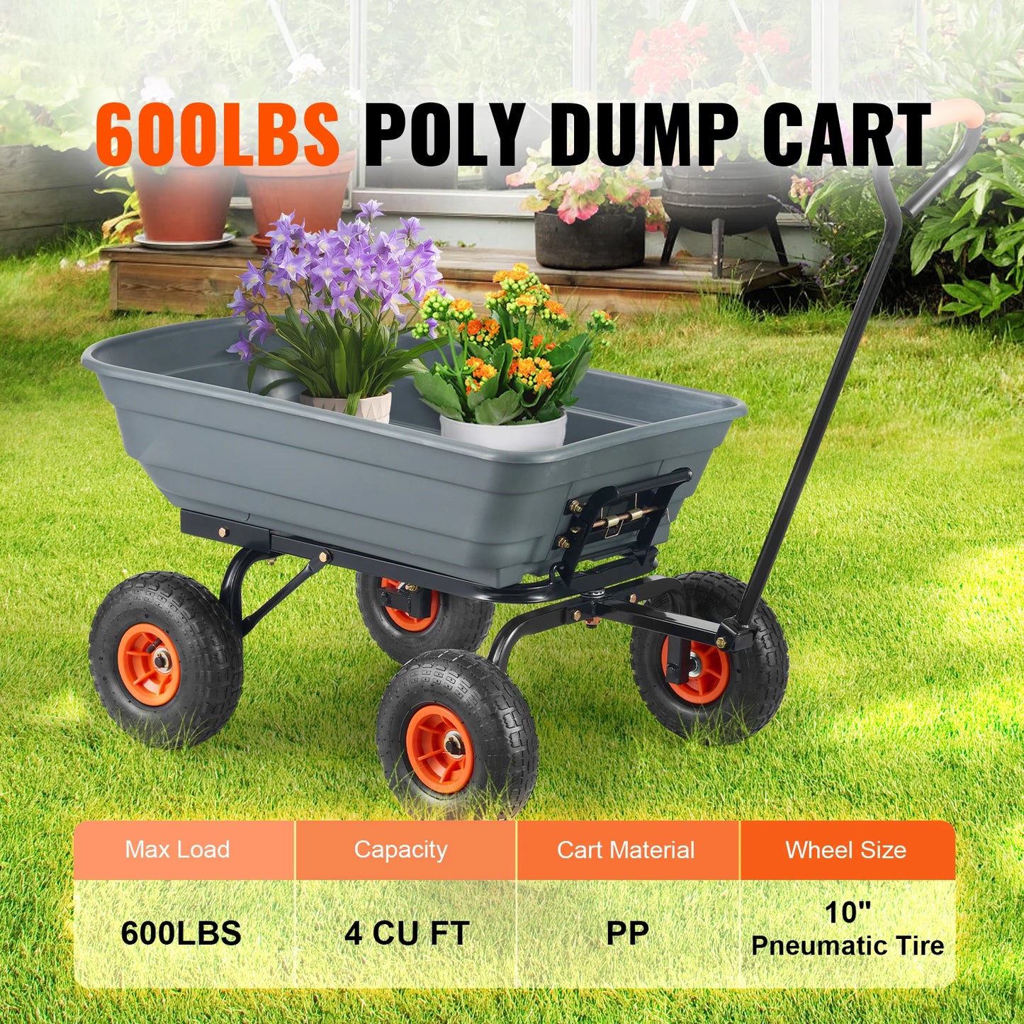 SucceBuy Poly Garden Dump Cart Steel Frame 2 In 1 Handle