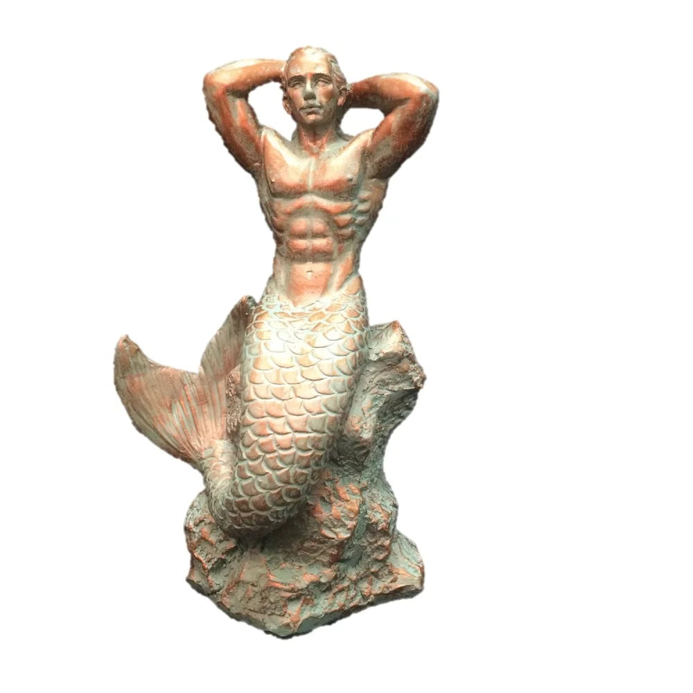 Bronze Patina Merman Mermaid Garden Statue for Outdoor Use