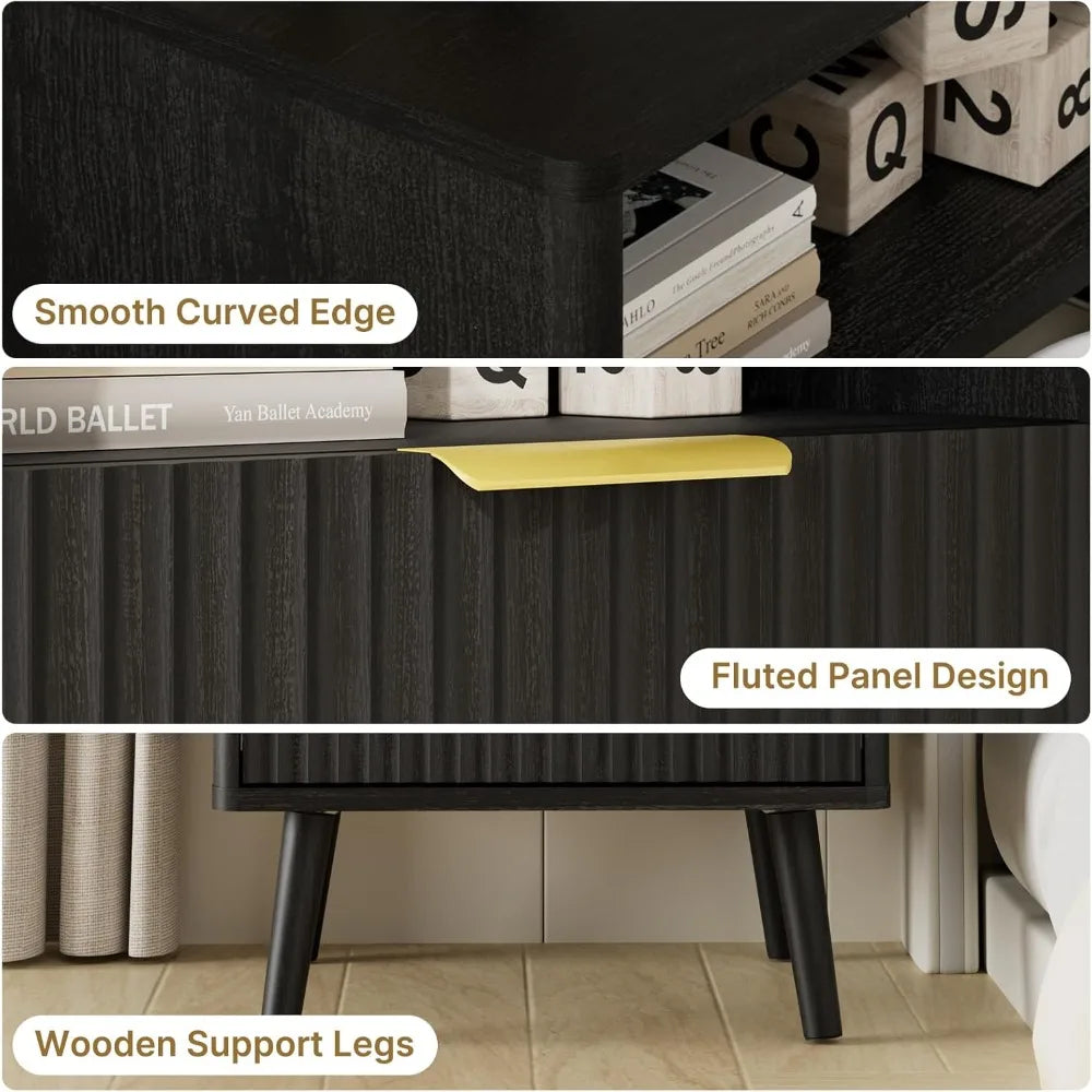 Modern Fluted Nightstand With Drawer And Open Shelves