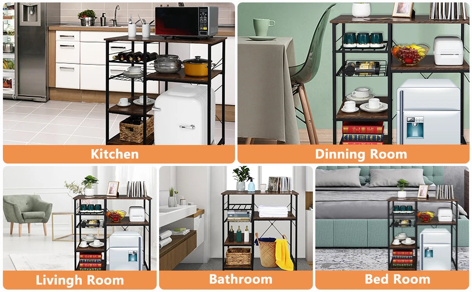 Kitchen Bakers Rack With Mini Fridge Space And Wine Rack