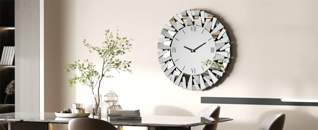 Large 3D Mirrored Wall Clock Sunburst 32 Inch Roman Numeral
