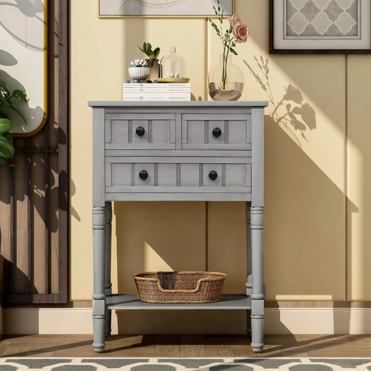 Slim Antique Entry Console Table with Drawers and Shelf