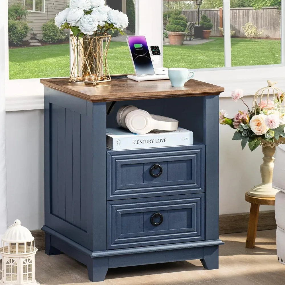 Farmhouse Night Stand with Charging Station, 2 Drawers Nightstand
