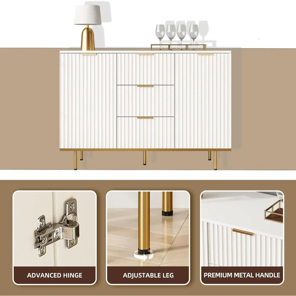 Fluted Sideboard Cabinet Elegant White Two Door 3 Drawers