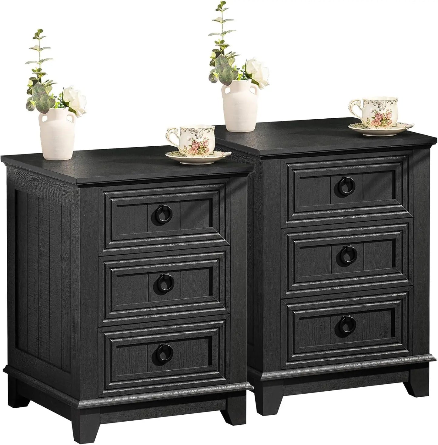 Farmhouse Night Stand with Charging Station, 2 Drawers Nightstand
