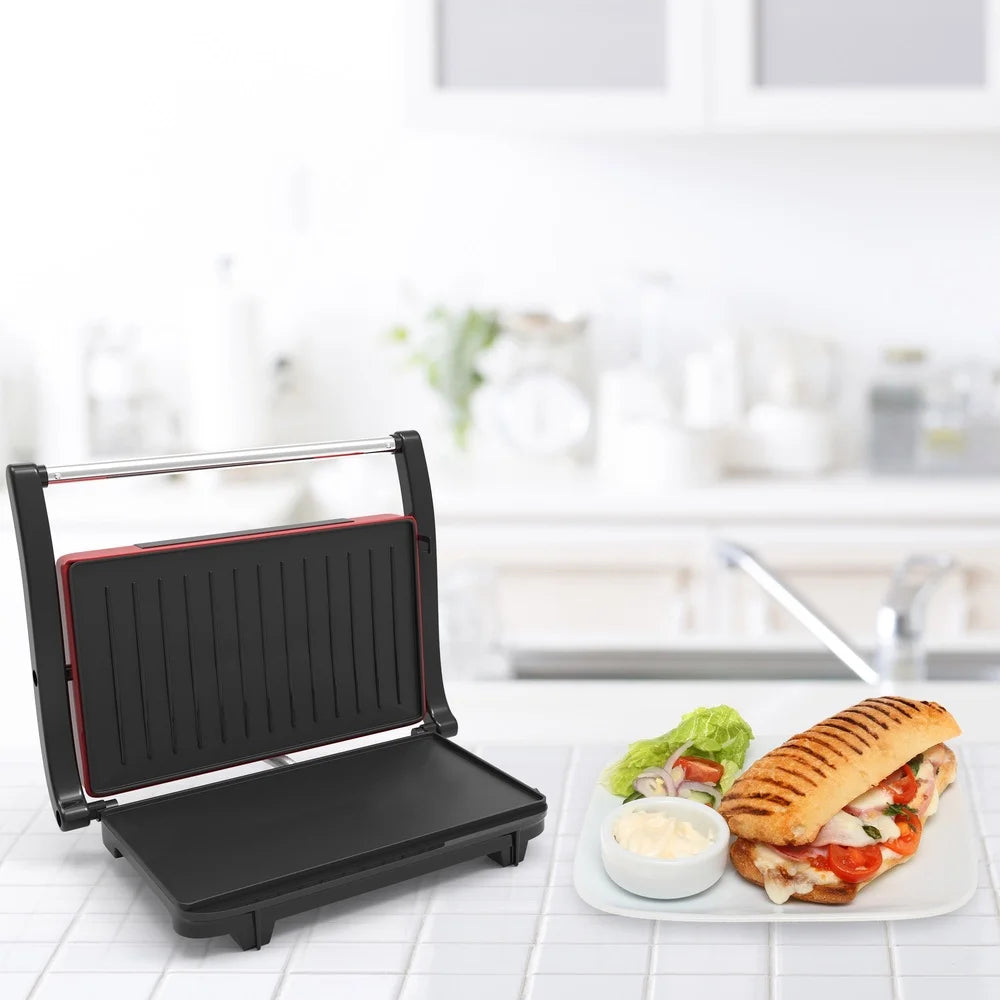 Non-Stick Panini Grill and Sandwich Maker 1400W Indoor Cooking Appliance with Grease Channeling System Easy Cleanup Ideal Small
