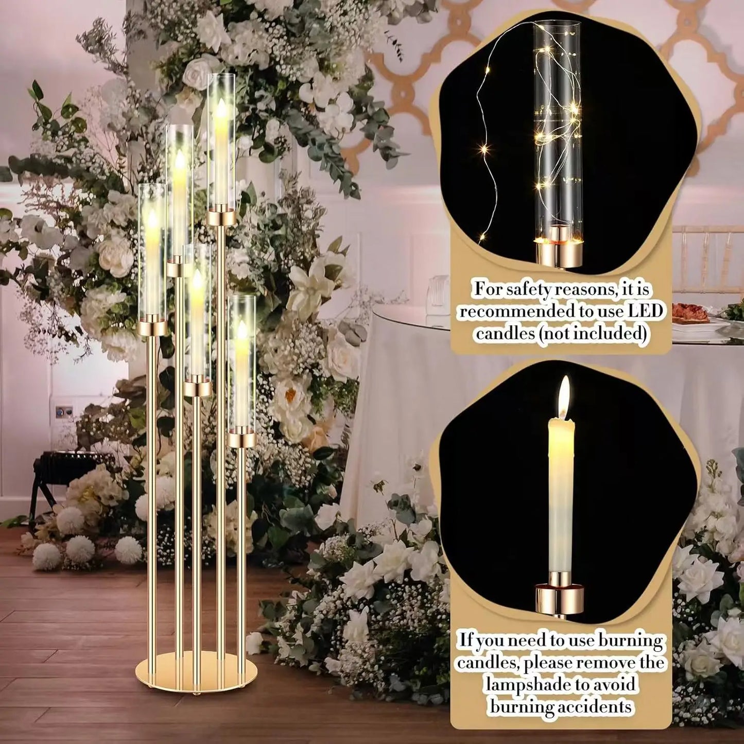 4PCS 46" Tall Metal Floor Candlestick Holder With 24 PCS LED Candles For Wedding Party Centerpieces