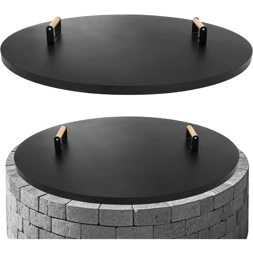 Round Fire Pit Lid 38 Inch Rust Resistant With Wooden Handle