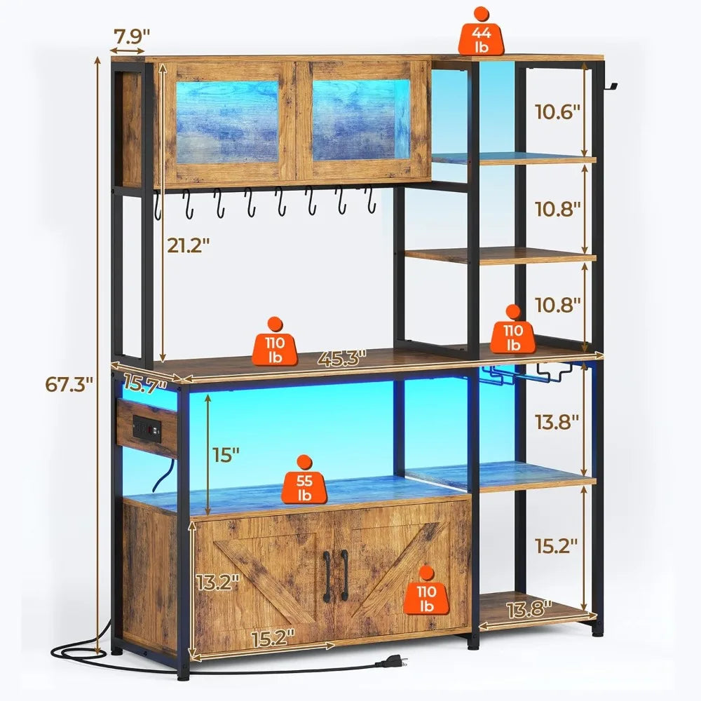 Bakers Rack with Power Outlet and LED Light, 45.3 Inch Farmhouse Coffee Bar Cabinet, Kitchen Microwave Stand with Storage