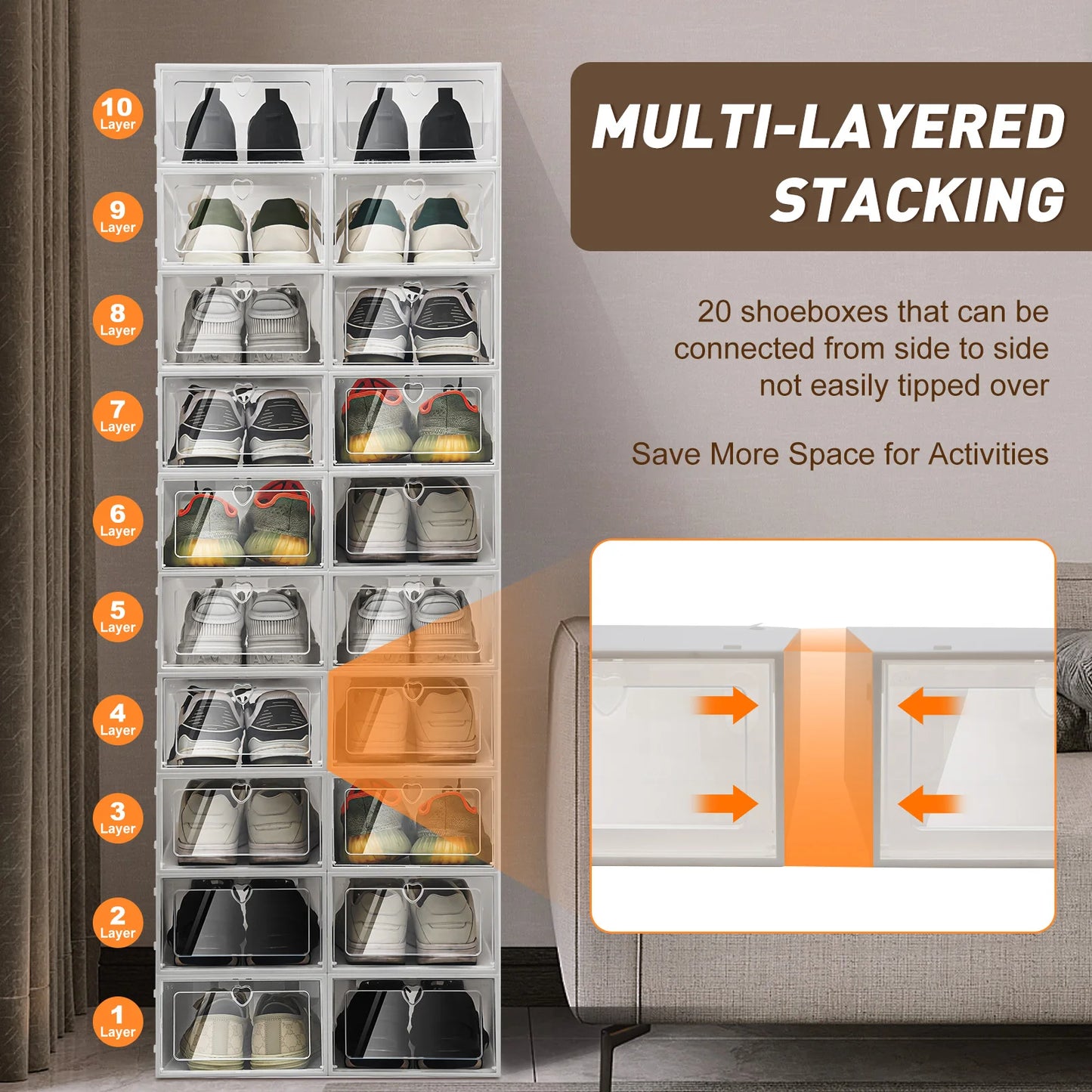 20X Clear Plastic Shoe Storage Boxes Stackable Foldable