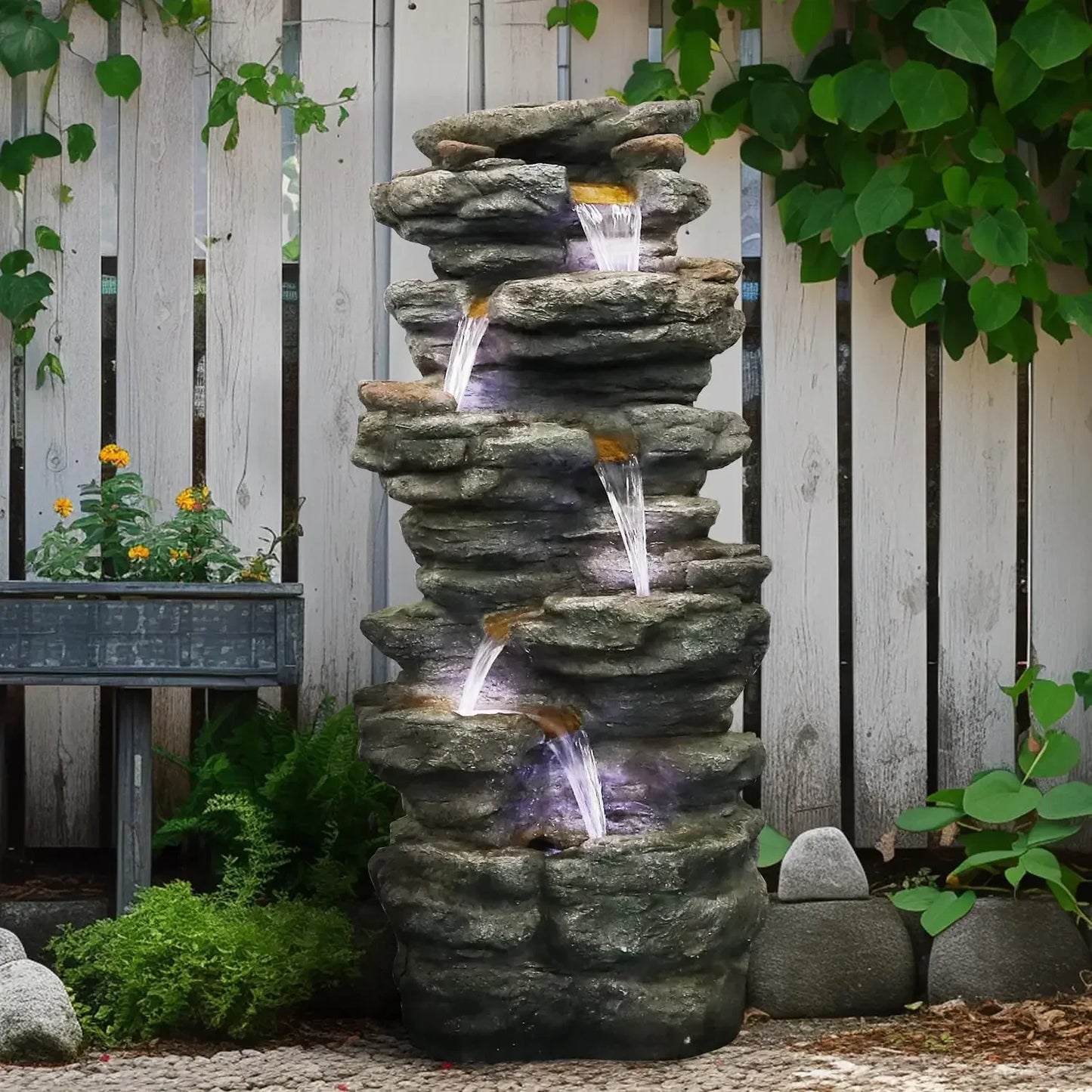 40 Inch 6 Tier Cascading Rock Outdoor Water Fountain Led
