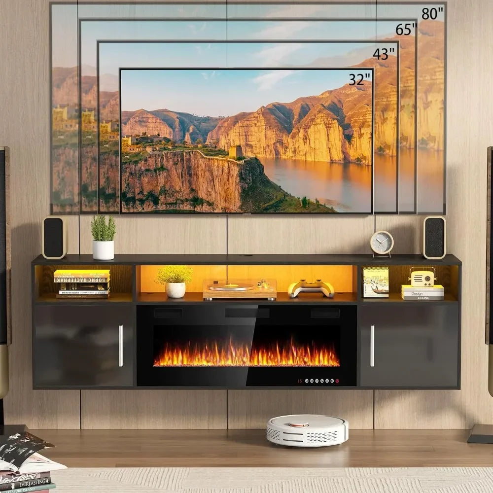 70" Floating TV Stand with 36" Electric Fireplace and LED Lights
