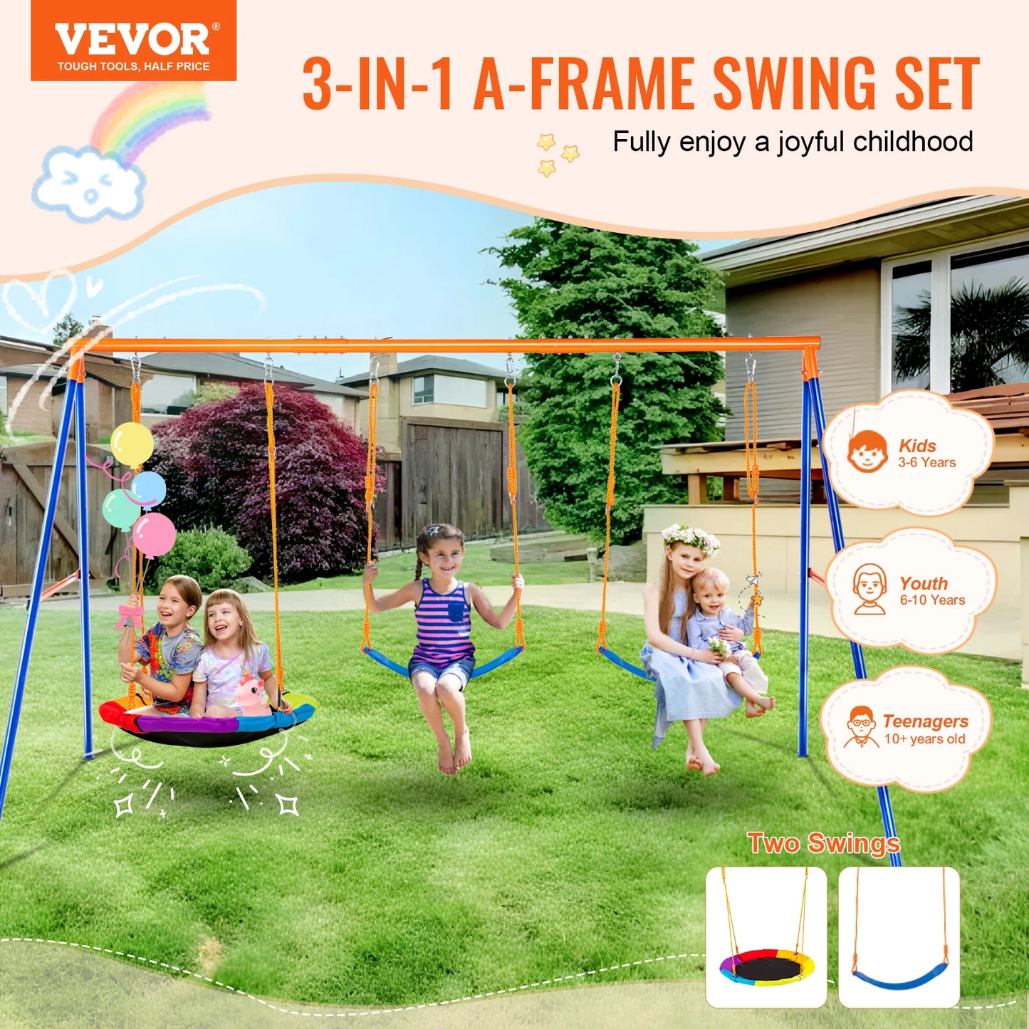 VEVOR Swing Sets for Backyard 600lbs Capacity Swingset