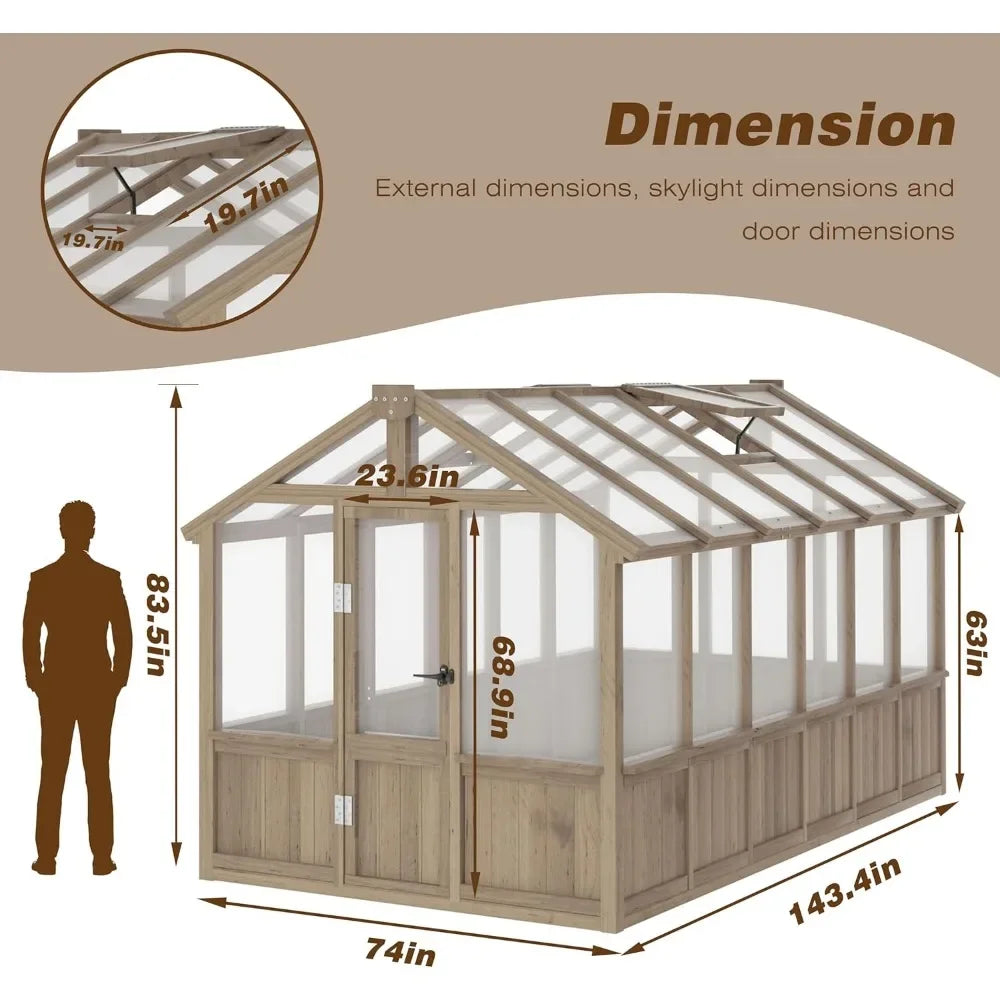 6x12FT Greenhouses for Outdoors, Cedar Frame with Vent