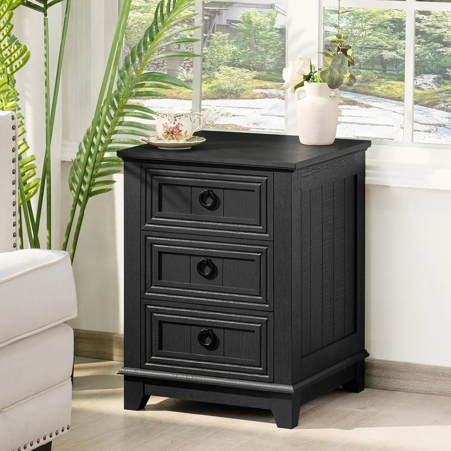 Farmhouse Night Stand with Charging Station, 2 Drawers Nightstand