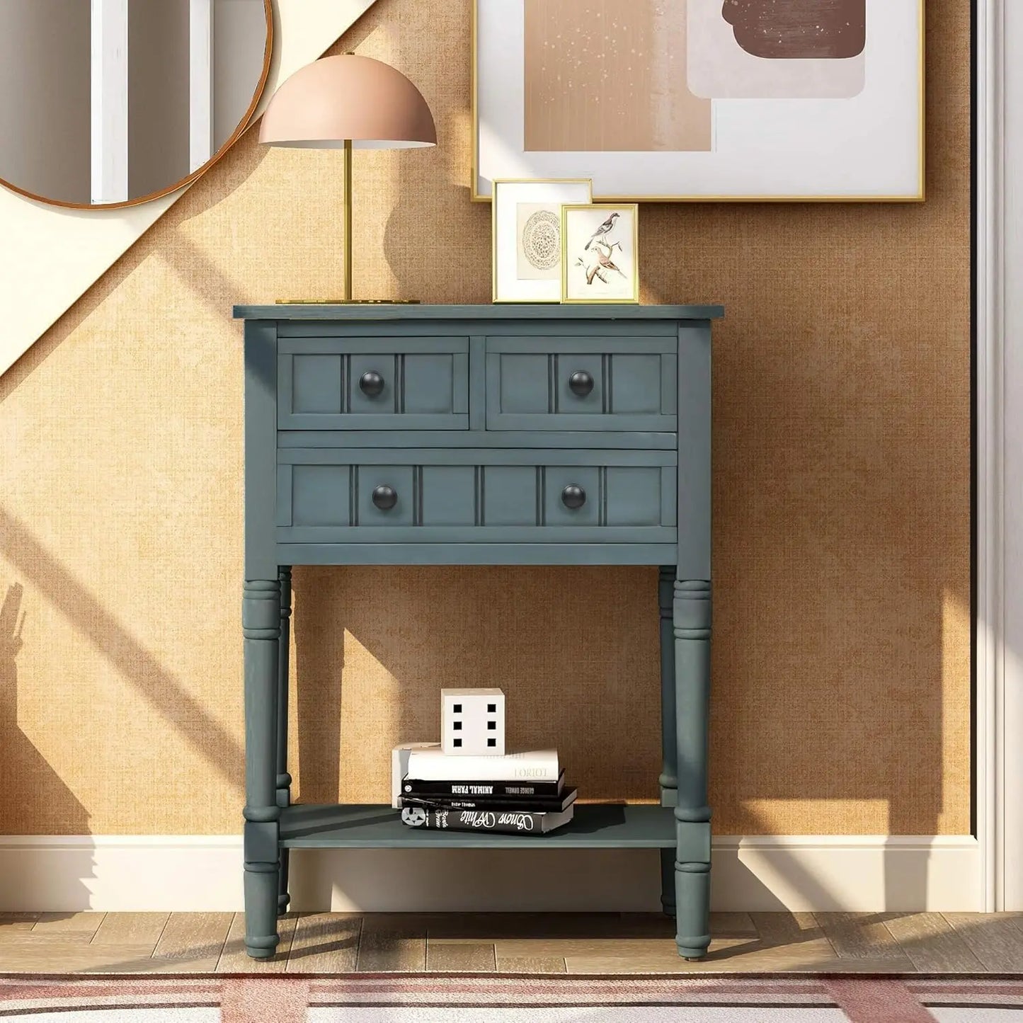 Slim Antique Entry Console Table with Drawers and Shelf