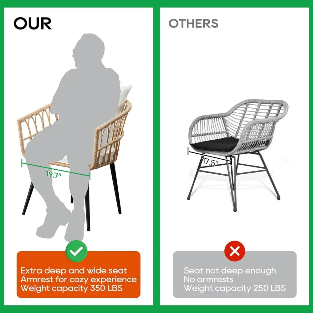 3 Piece Patio Bistro Set, Outdoor Wicker Balcony Rattan. Compact & Versatile; Comfortable Seating; Elegant Coffee Table; Multi-Functional Ottomans.