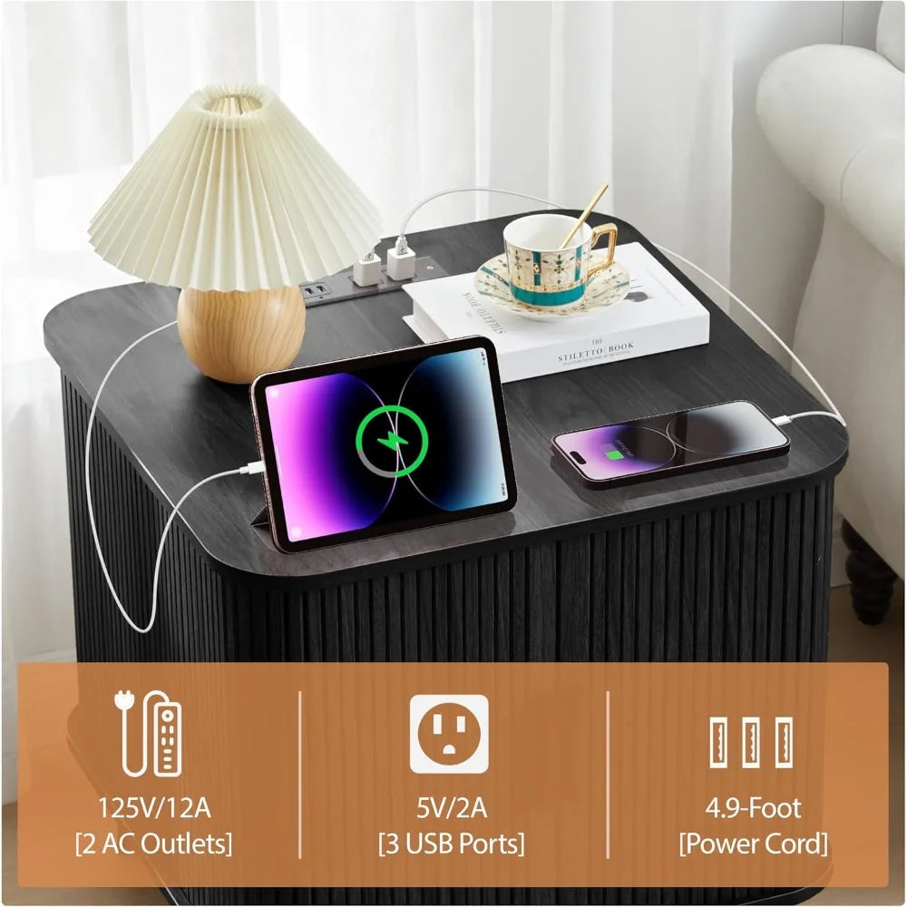 Farmhouse End Table Charging Station Fluted Sliding Door