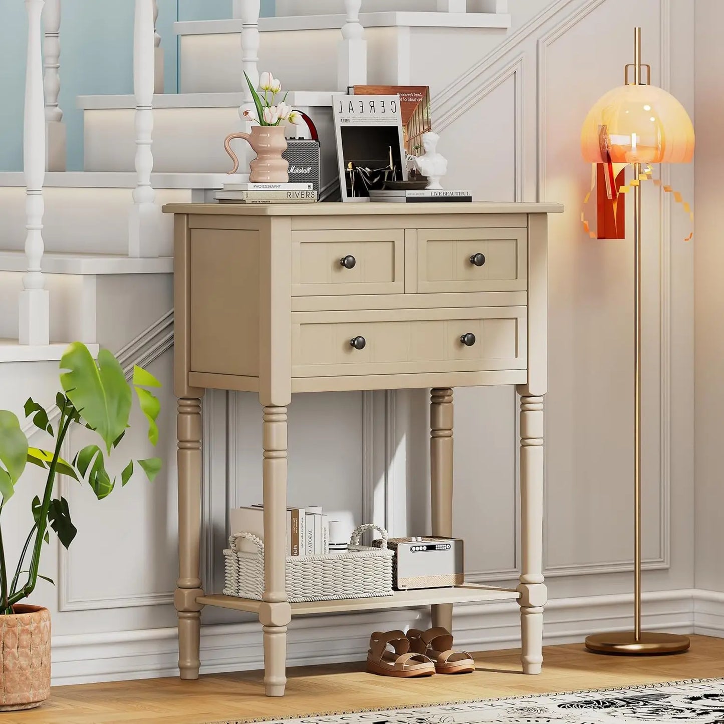Slim Antique Entry Console Table with Drawers and Shelf