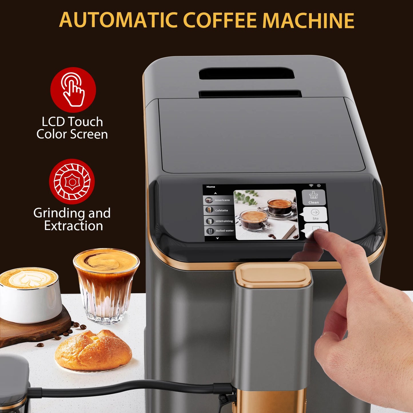 Fully Automatic Espresso Maker 20 Bar Grinder Milk Frother