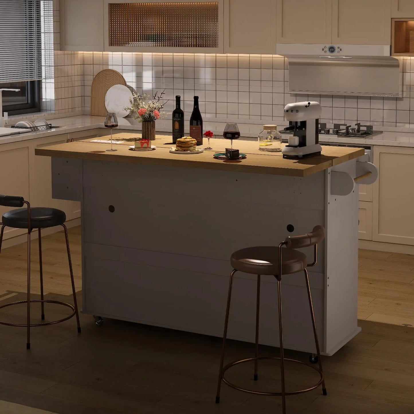 Mobile Kitchen Island With Power Outlet Drop Leaf Towel Rack