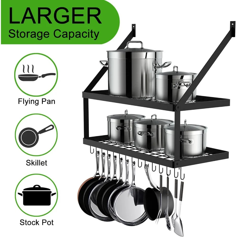 Square Grid Wall Mount Pot Rack with 2-Tier 15 Hooks