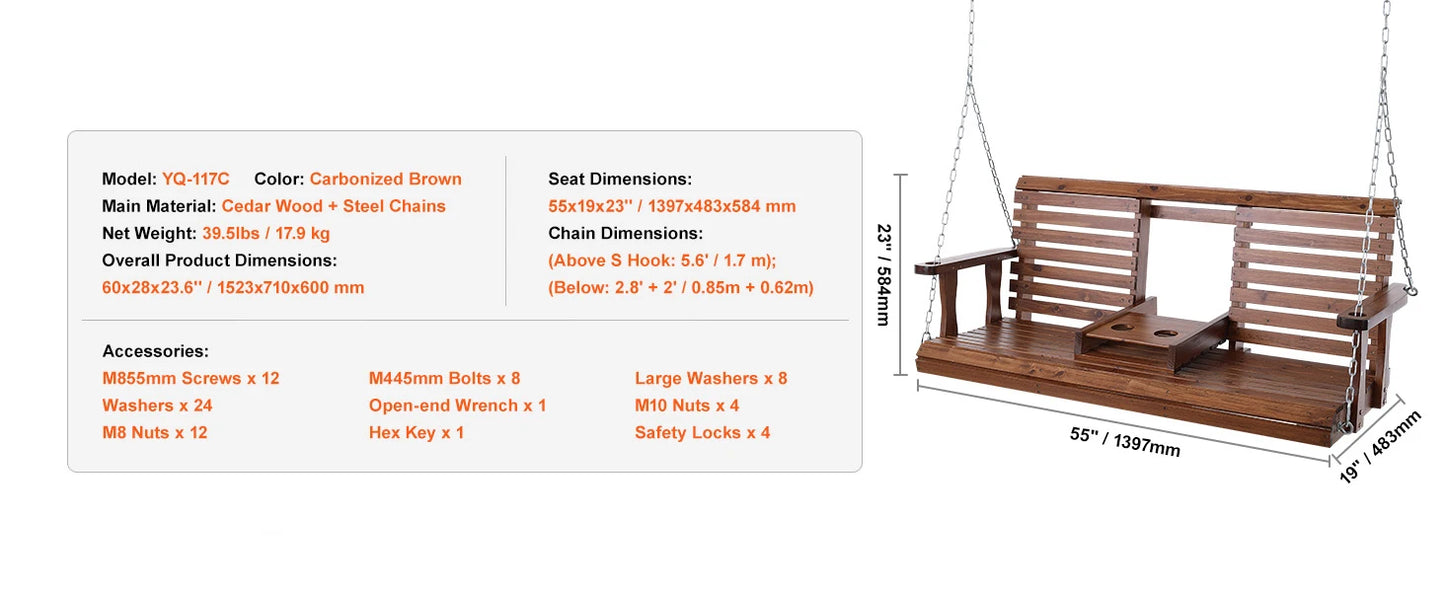 SucceBuy Cedar Wood Porch Swing 5 Ft Patio Bench 880 Lbs