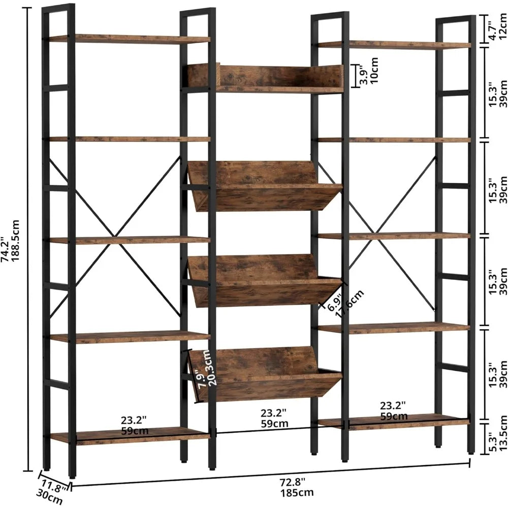 Triple-Wide Industrial Style 5-Shelf Bookcase for Large Display and Storage