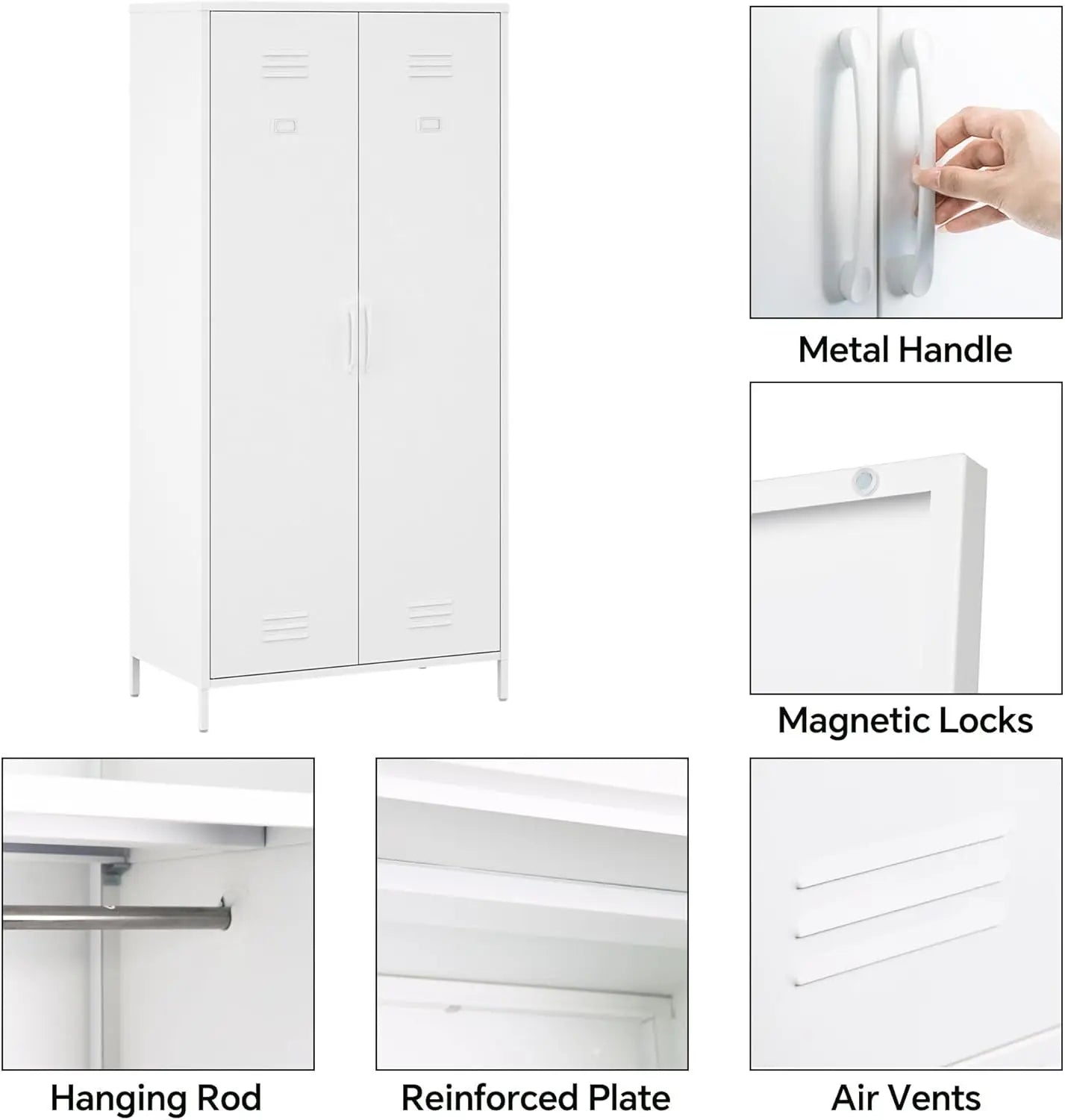 White Metal Armoire Wardrobe Cabinet 2 Doors 4 Shelves