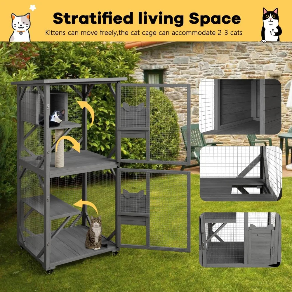 Outdoor Catio Enclosure With Waterproof Roof And Wheels