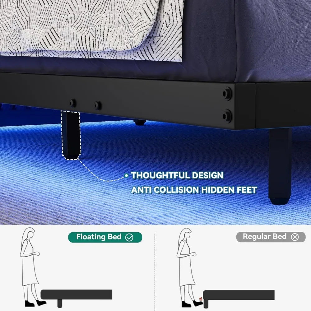 Floating Bed Frame Queen Size with LED Charging Station