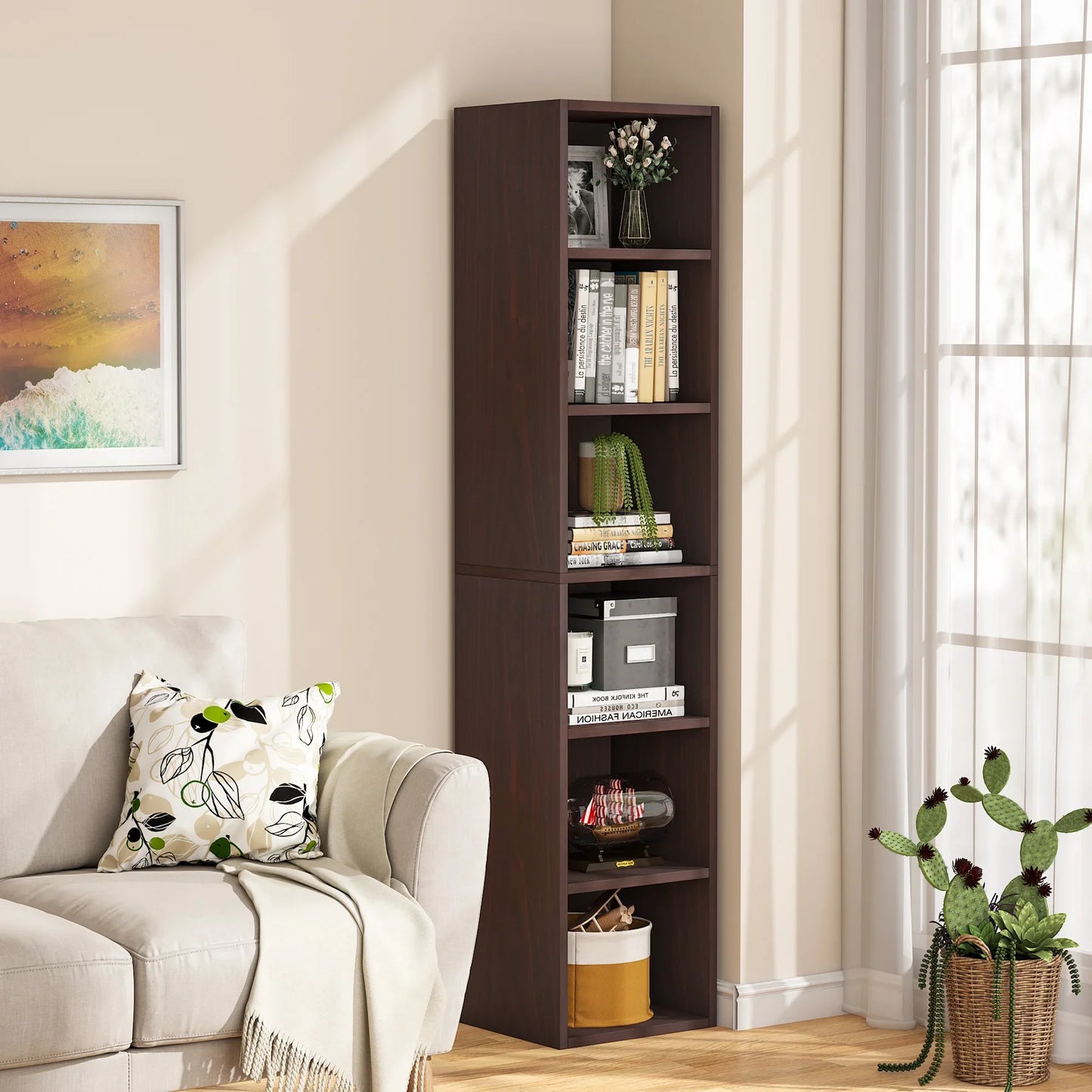 Tribesigns 70.9 Inch Tall Narrow Bookcase, Rustic Corner Bookcase with Storage, 6 Tier Cube Display Shelves for Home Office