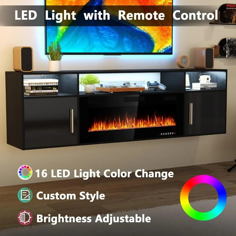 70" Floating TV Stand with 36" Electric Fireplace and LED Lights