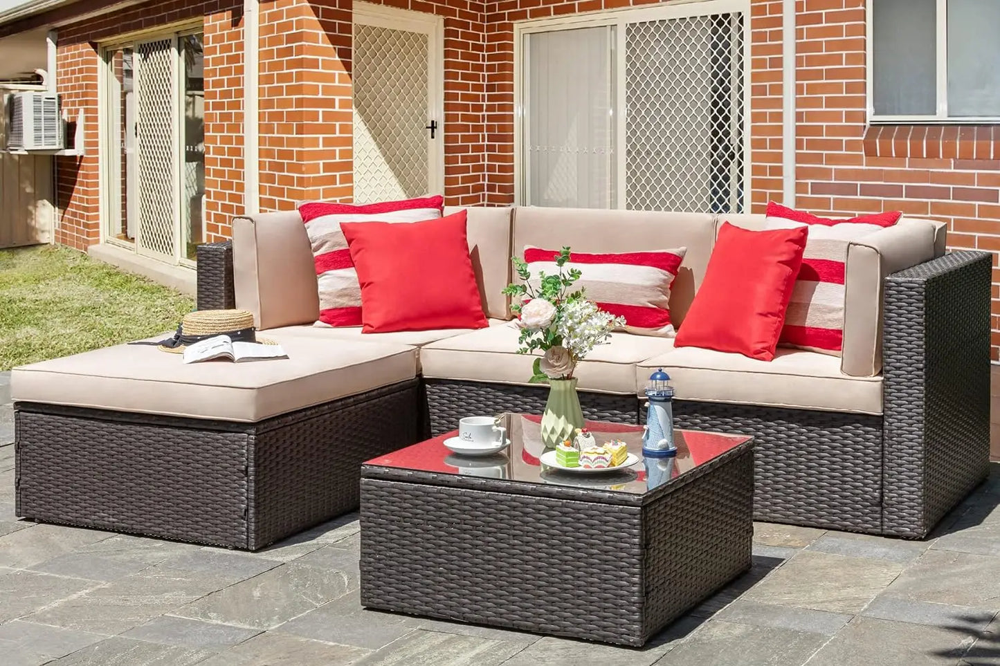 6 Piece Small Patio Furniture Sets with Glass Table and Cushions