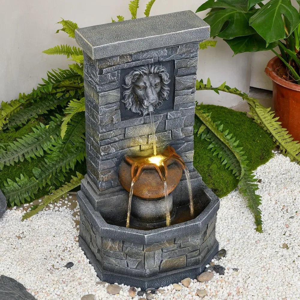 Outdoor Lion Head Stone Water Fountain With Lights Patio