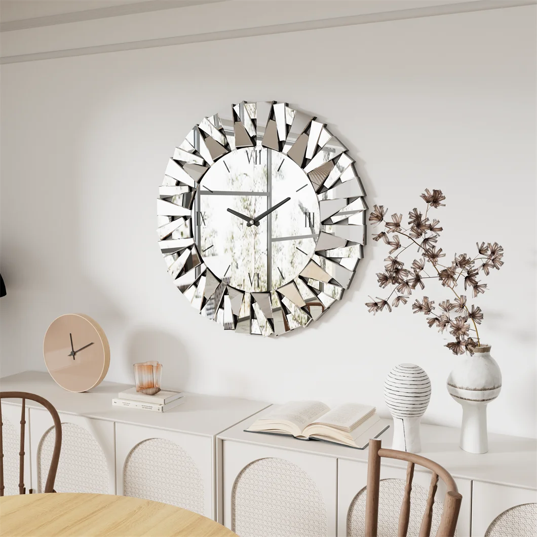 Large 3D Mirrored Wall Clock Sunburst 32 Inch Roman Numeral