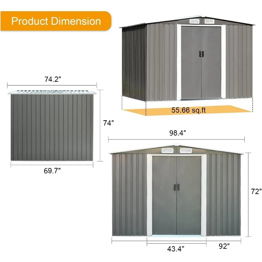 8 X 6FT Outdoor Storage Shed Patio Grey Metal Shed Waterproof