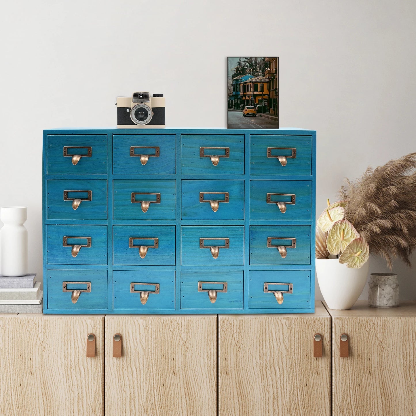 16 Drawers Apothecary Cabinet Chests Herb Storage Box Wooden Desk Organizer for Home Living Room Dresser Kitchen Office