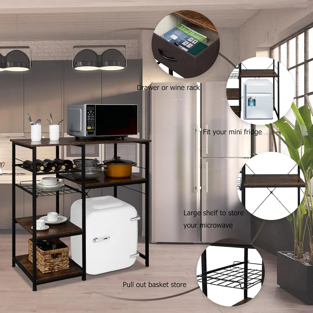 Kitchen Bakers Rack With Mini Fridge Space And Wine Rack