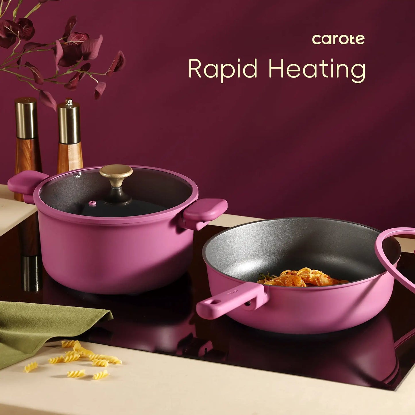 Kitchen Cookware Sets, Nonstick Pots and Pans Set, 17 Pcs, Rose Pink