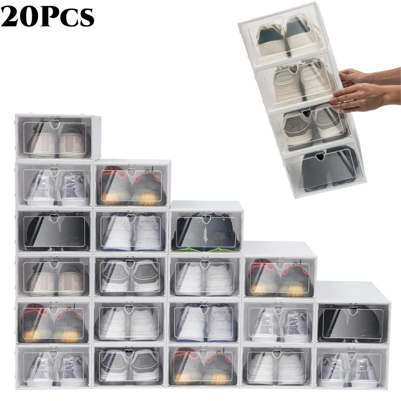 20X Clear Plastic Shoe Storage Boxes Stackable Foldable
