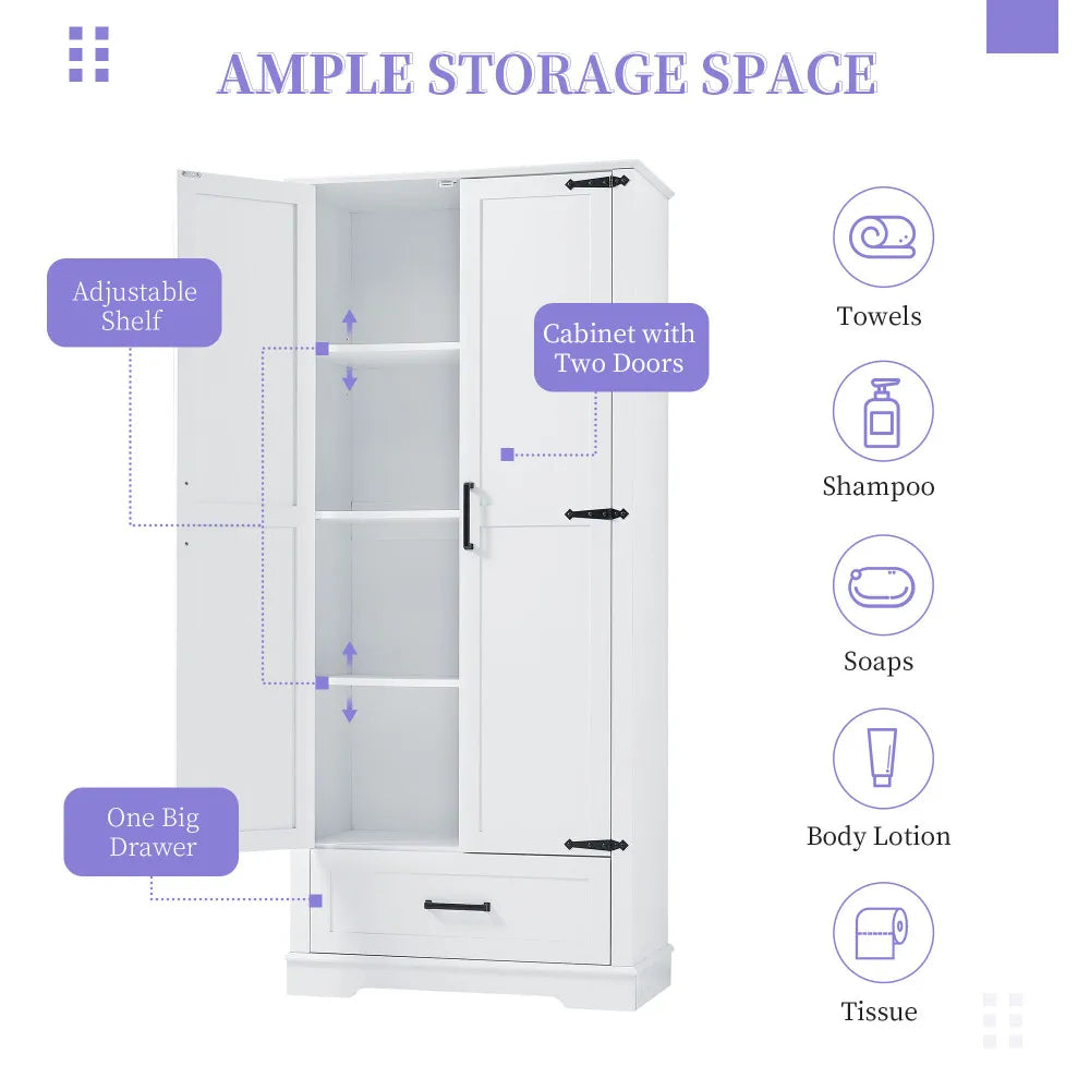 Tall Bathroom Storage Cabinet With Two Doors And One Drawer