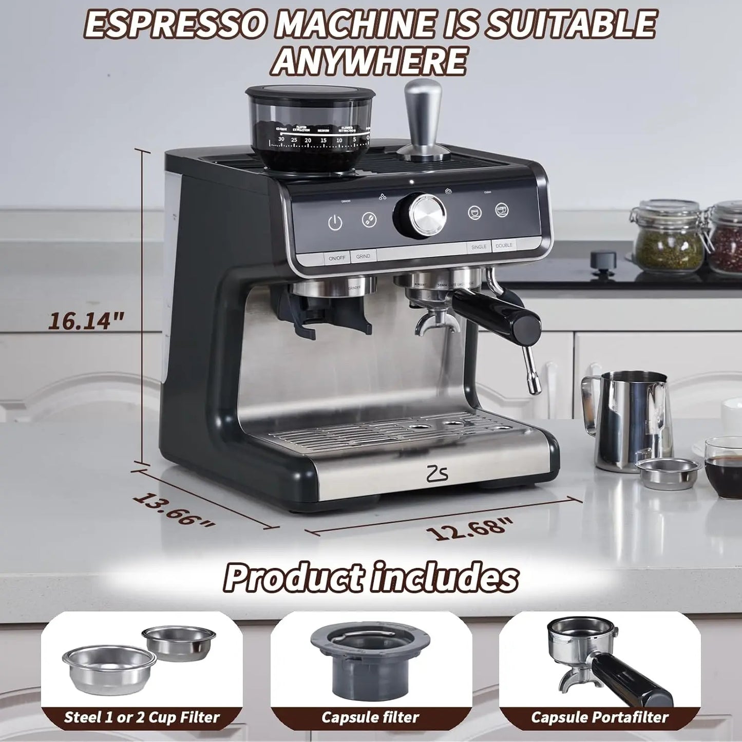 Acekool Espresso Machine Grinder Milk Frother 20 Bar