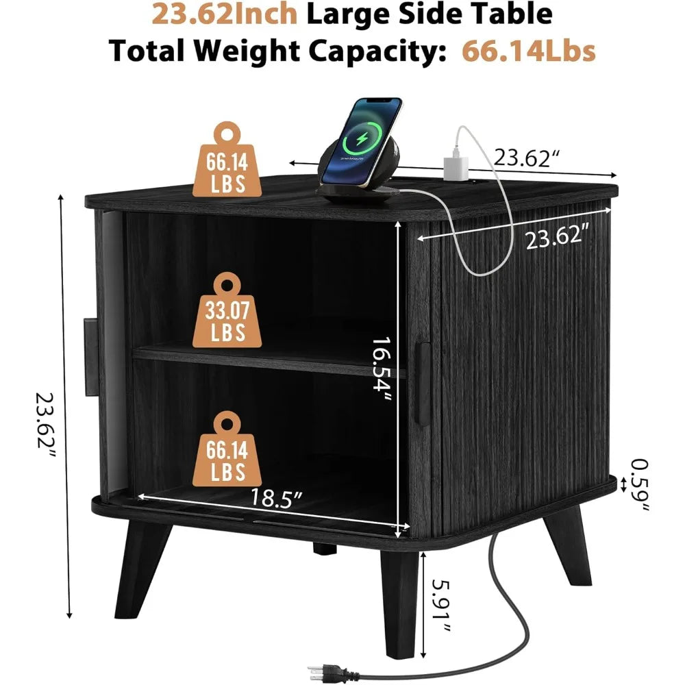 Farmhouse End Table Charging Station Fluted Sliding Door