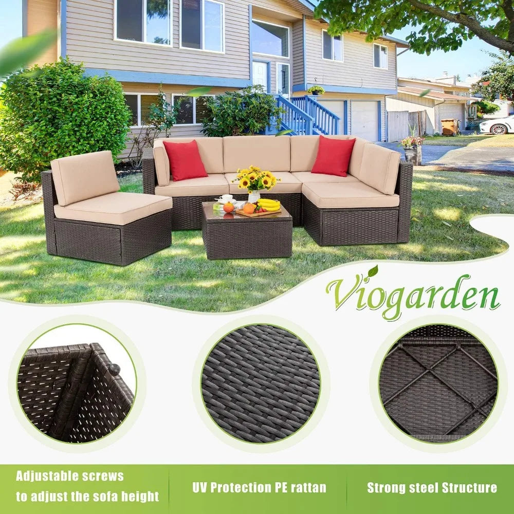 6 Piece Small Patio Furniture Sets with Glass Table and Cushions