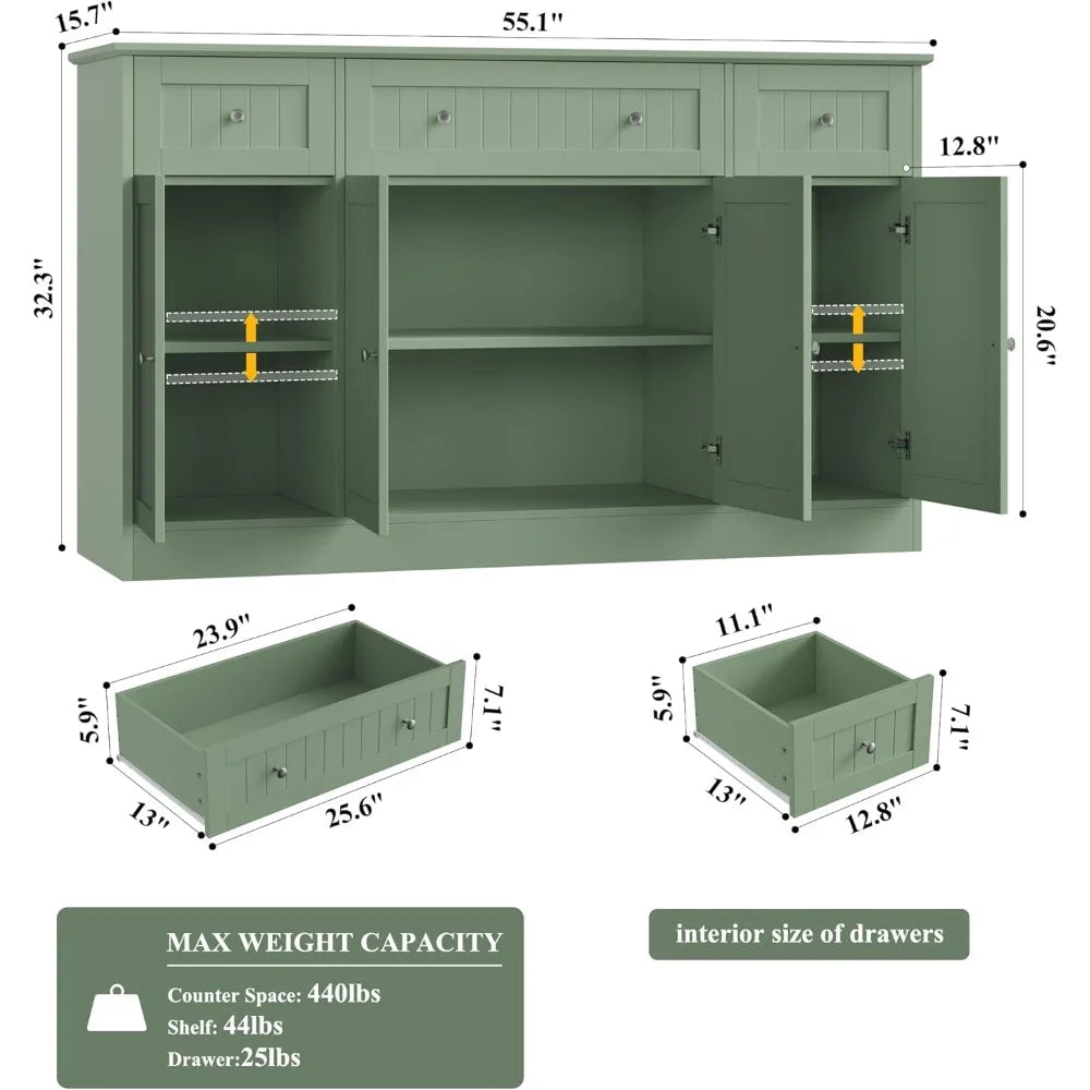 55 Inch Green Modern Sideboard Buffet Cabinet With Drawers