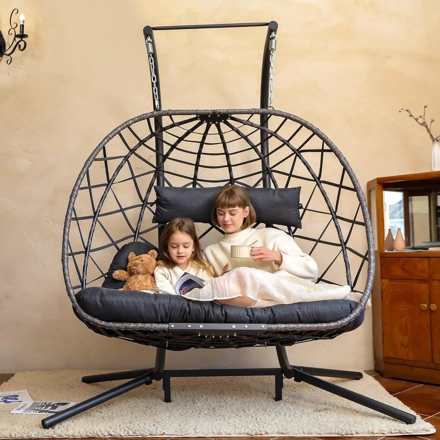 Double Egg Swing Chair with Stand for 2 Person Comfort